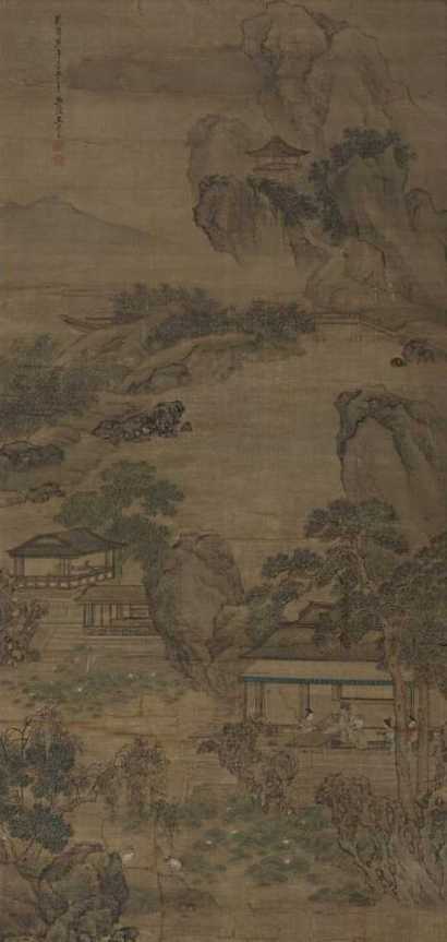 ANONYMOUS QIANLONG PERIOD， DATED 1750 OFFICIALS AND LADIES IN A PAVILLION